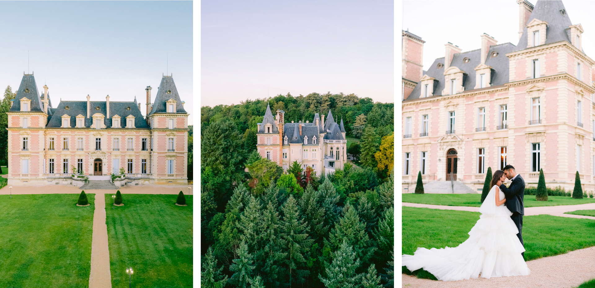 magnifique domaine des halles avec sa verdure et les beaux mariés sur le chemin